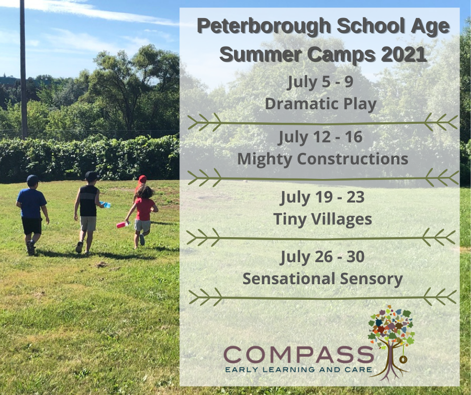 Peterborough School Age Summer Camps 2021.
July 5: Dramatic Play
July 12: Mighty Constructions
July 19: Tiny Villages
July 26: Sensational Sensory
Compass Early Learning and Care